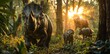 Triceratops family walking through dense jungle at sunset. Large adult leading group with two juveniles and another adult in background. Sunlight filtering through trees, mystical atmosphere.