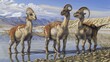Three Parasaurolophus dinosaurs standing in shallow water with mountainous landscape and cloudy sky in background. Scene highlights intricate patterns and textures of dinosaurs, reflection in water.