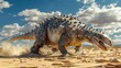 Ankylosaurus in a sunlit, rocky desert. Dinosaur's armored body and tail club highlighted by bright sunlight. Sandy terrain and sparse vegetation creating a rugged and timeless prehistoric landscape.