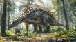 Ankylosaurus roams dense forest, sunlight filtering through trees. Spiked armor highlighted, intricate details, showing texture of bony plates. Lush greenery, dappled light, natural environment.