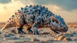 Ankylosaurus in desert landscape under a setting sun. Detailed, armored dinosaur with bony plates and spikes on back. Desert environment with soft, warm light creating a dramatic and ancient scene.
