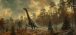 Brachiosaurus standing tall in autumn forest during dramatic sunset. Dinosaur's long neck and massive body highlighted against orange and yellow sky. Ancient, tranquil scene with trees and foliage.