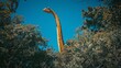 Brachiosaurus head and neck emerging from forest canopy against clear blue sky. Dinosaur's distinctive features visible, leaves and branches framing scene. Peaceful, sunny day in prehistoric setting.
