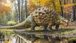 Ankylosaurus dinosaur by calm water in lush forest with clear sky and clouds. peaceful coexistence of dinosaur in natural habitat, vibrant greenery and prehistoric tranquility.