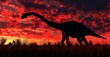 Silhouette of a Brachiosaurus dinosaur against a dramatic red sunset sky. majestic presence of the prehistoric creature, vibrant colors of the sky and creating a sense of ancient wonder..