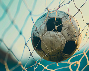 A soccer ball is stuck in the net.