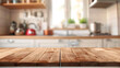 Wood table top on blurred kitchen background. can be used mock up for montage products display or design layout. Generative AI illustration 
