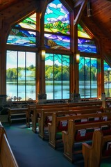 Wall Mural - A tranquil lakeside chapel with serene stained glass windows depicting serene landscapes and tranquil waters, providing solace, Generative AI