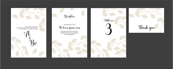 Wedding Invitation, floral invite thank you, rsvp modern card Design in copper ginkgo biloba leaves branches for yot design