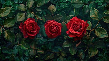 Wall Mural - Three vibrant red roses are clustered together against a lush green backdrop in the garden captured from an aerial perspective for a striking vertical composition