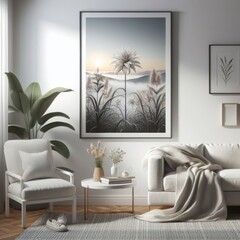 Wall Mural - A living room with a template mockup poster empty white and with a couch and a painting on the wall image art art lively.