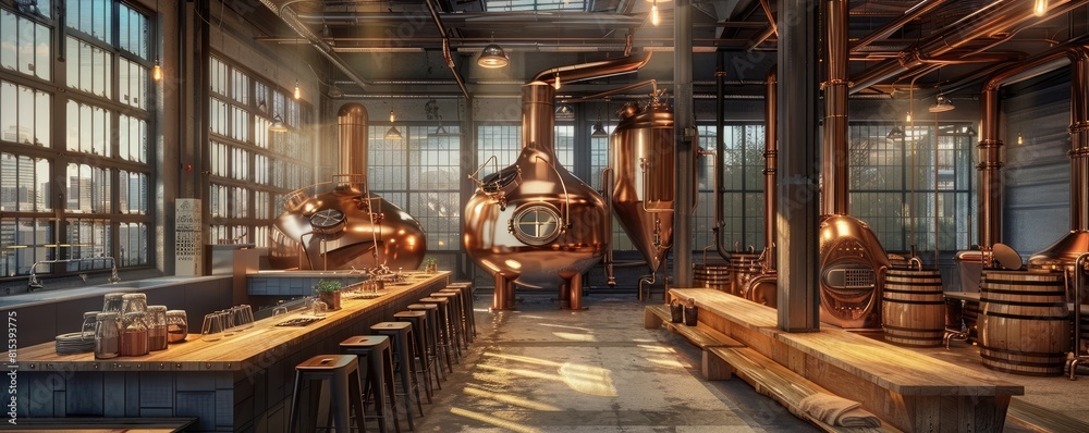 The interior of a modern craft distillery with shining copper stills ...