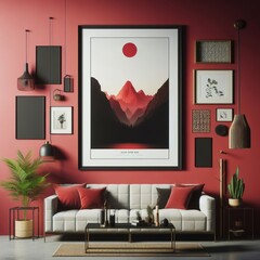 Wall Mural - A living room with a template mockup poster empty white and with a couch and a picture on the wall image attractive used for printing.