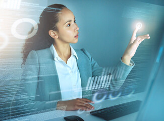 Aufkleber - Business woman, office and click on hologram ui, night and thinking with programming, dashboard or website. Person, developer and information technology with future, press and digital transformation