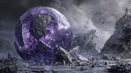 Wall Mural - a stunning 3d artwork depicts a shattered sphere resembling a damaged abstract planet earth or moon 