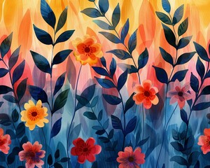 a watercolor wallpaper pattern featuring an array of colorful, exotic flowers with lush natureinspir