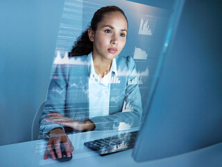 Aufkleber - Business woman, chart and overlay in office for stock market research, graphs and digital analysis. Computer screen, data analytics and software information with female analyst, thinking and ideas