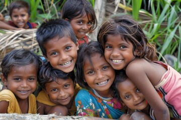 Wall Mural - Group of happy smiling Indian kids in the village. Selective focus.