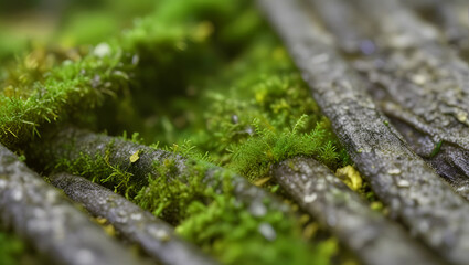 Wall Mural - The moisture of the forest creates moss and covers the surface of the branches.