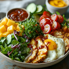 Wall Mural - Healthy breakfast bowl with fried eggs. mango. salad and vegetables.