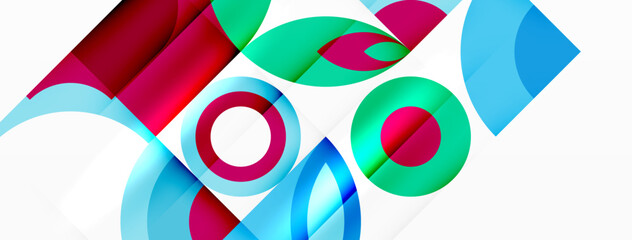 Wall Mural - An array of magenta, electric blue geometric shapes in a pattern on a white background. This closeup art piece showcases circles with symmetry and various tints and shades