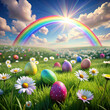 A 3D illustration of a magical Easter morning with a rainbow arching over a field of colorful eggs and daisies, the wind causing them to flutter gently, creating a picturesque springtime setting.