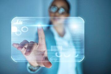 Aufkleber - Business woman, chart and hologram in office for stock market research, graphs and digital analysis. Coding, data analytics and software information with female programmer, developer or touch screen