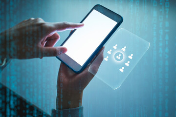 Poster - Hand, office and overlay with screen of smartphone for internet search, communication and connection. Mockup, night and networking for social media, mobile app or streaming platform with copy space