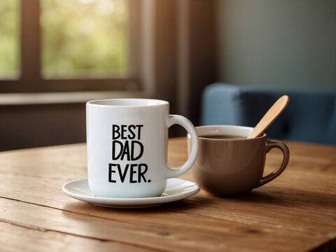 Happy Father's Day close-up of the Best Dad Ever greeting card and coffee mug on the table design.