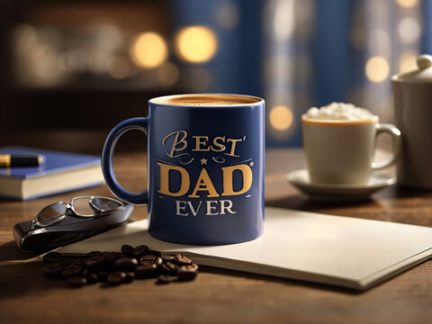 Happy Father's Day close-up of the Best Dad Ever greeting card and coffee mug on the table design.