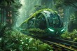 The overgrown train is covered with moss and vines, making its way through a dense forest.