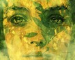 The photo shows a human face blended with green and yellow leaves.