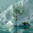 The photo shows a small tree growing on a piece of ice in the middle of a frozen lake. The background is a large glacier.