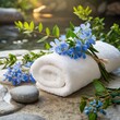 a white towel laid on a stone floor, adorned with delicate blue flower buds and sprigs of greenery. Imagine a tranquil spa-like setting that evokes a sense of relaxation and natural beauty.