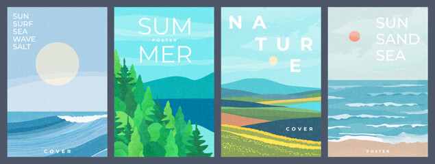 Wall Mural - summer nature landscape poster, cover, card set with sea view, sunny beach, mountains, forest, lake 