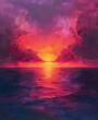 The setting sun casts a pink and purple glow on the ocean in this vibrant painting.