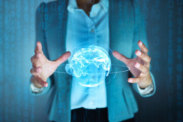 Poster - Hands, hologram and person with world, globe or map for connection, network or futuristic ux. Woman, planet and ui with 3d display for digital transformation, programming or coding in night at office