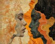 Two human face profiles, painted in warm colors, facing each other.