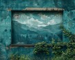 weathered blue wall with overgrown plants and a painted mountain landscape in the center