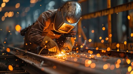 Wall Mural - A welder performing critical welds on the supports of a highway bridge.