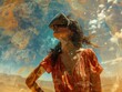 Young woman wearing virtual reality headset exploring the desert.