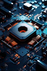 The image shows a close-up of a computer chip. The chip is surrounded by a complex network of electrical circuits. The image is in blue and orange colors.