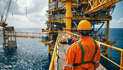 The oil and gas worker wearing an orange uniform stands on the deck of sea equipment, working in front of the ocean with a yellow helmet to see the entire