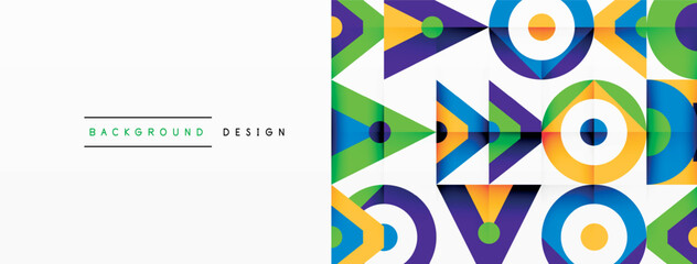 Aufkleber - A vibrant geometric pattern featuring arrows, circles, triangles, and rectangles in shades of magenta and electric blue, creating a symmetrical and colorful design on a white background