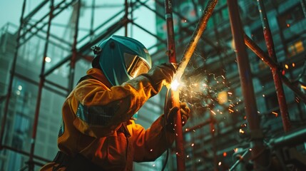 Wall Mural - A welder doing precision work on the metal frames of a modern art museum.