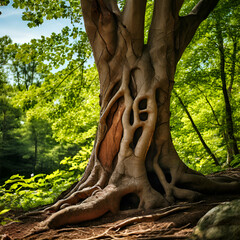 trunk of a tree ,Old tree with big roots in green jungle forest,generate ai