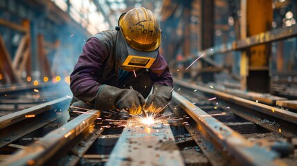 A welder at a construction site fusing metal beams for a new overpass.