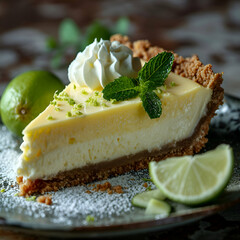Wall Mural - Lemon cheesecake with lime and mint on a black plate.