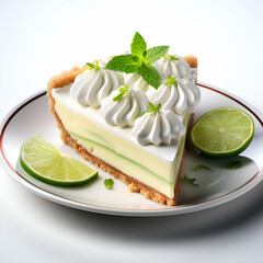 Wall Mural - Lime cake with whipped cream and mint on a white background.