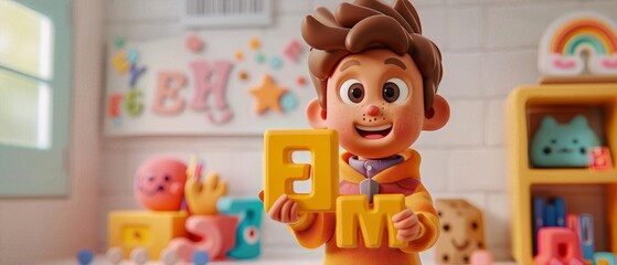 Vibrant 3D clay animation of a young boy holding oversized alphabet letters, smiling in a colorful educational setting.